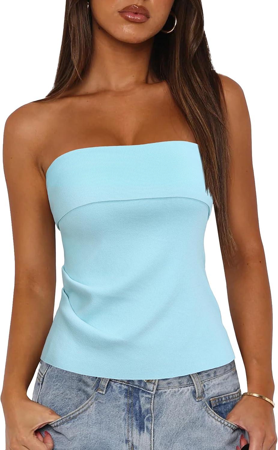 imageArachampCloz Womens Silk Blend Non See Through Non Slip Summer Spring Casual Tube Top 2026Light Blue
