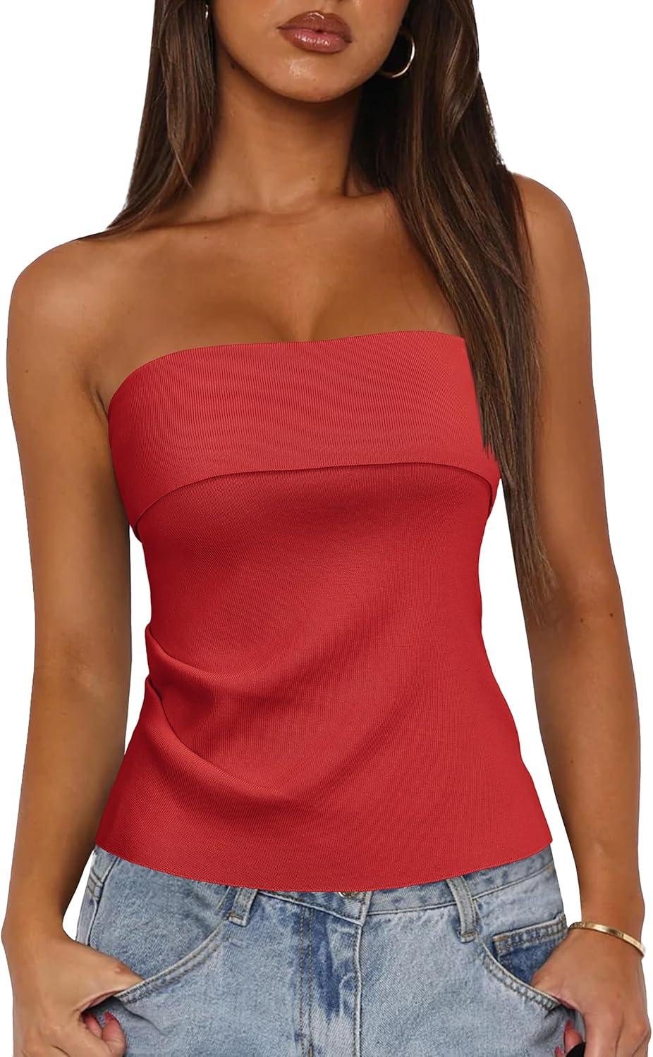 imageArachampCloz Womens Silk Blend Non See Through Non Slip Summer Spring Casual Tube Top 2026Red