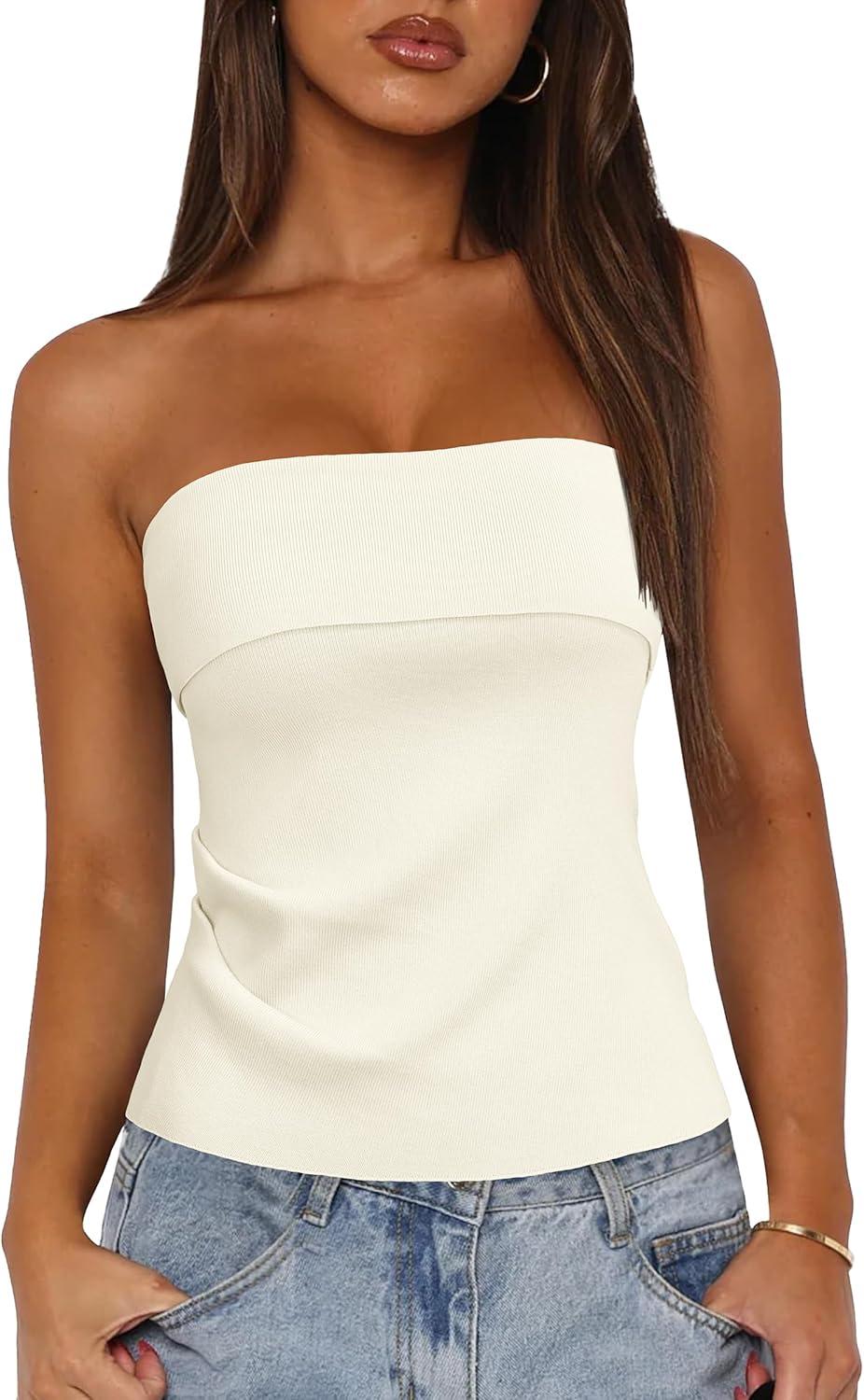 imageArachampCloz Womens Silk Blend Non See Through Non Slip Summer Spring Casual Tube Top 2026White