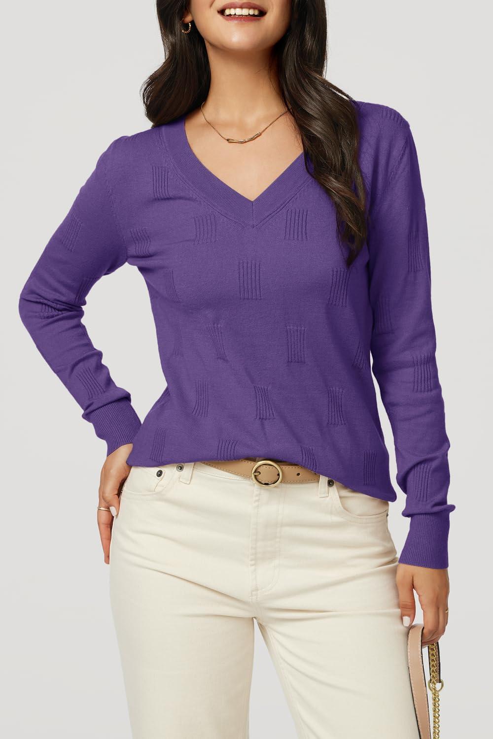 imageArachampCloz Womens Soft V Neck Long Sleeve Fall Casual Regular Fit Sweater TopsPurple