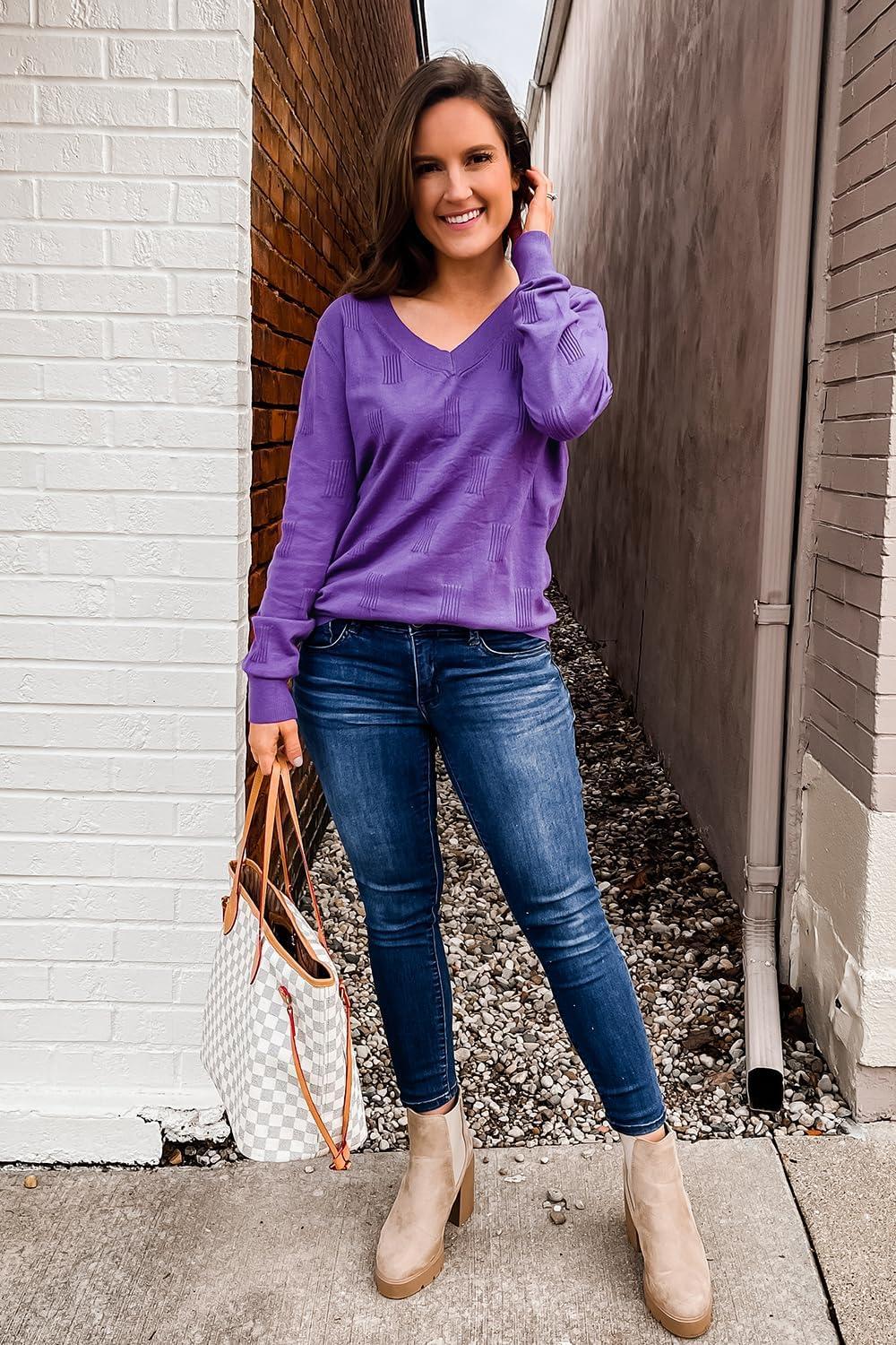 imageArachampCloz Womens Soft V Neck Long Sleeve Fall Casual Regular Fit Sweater TopsPurple