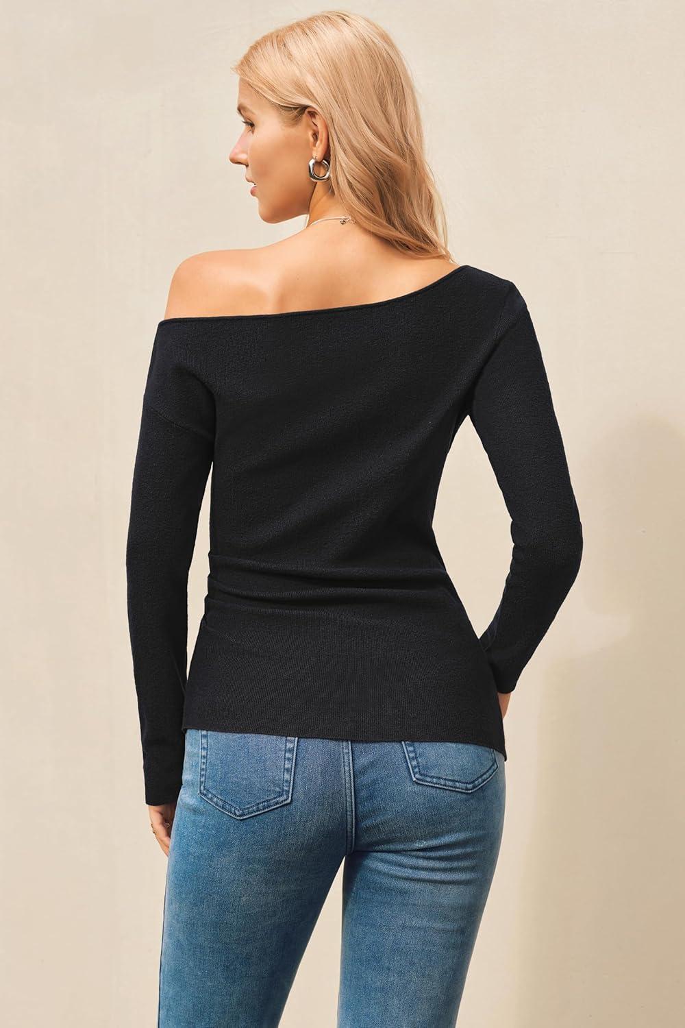 imageArachampCloz Womens Wool Blend Off The Shoulder Sweaters Ruched Slim Fit Date Top 2026Black