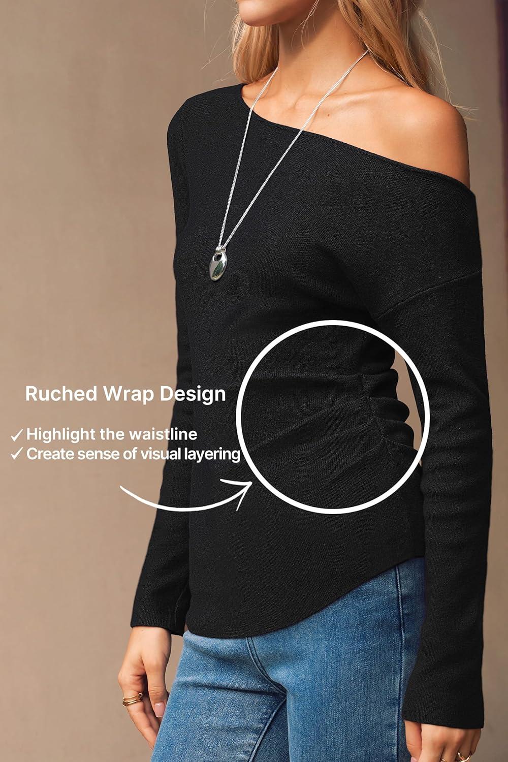 imageArachampCloz Womens Wool Blend Off The Shoulder Sweaters Ruched Slim Fit Date Top 2026Black