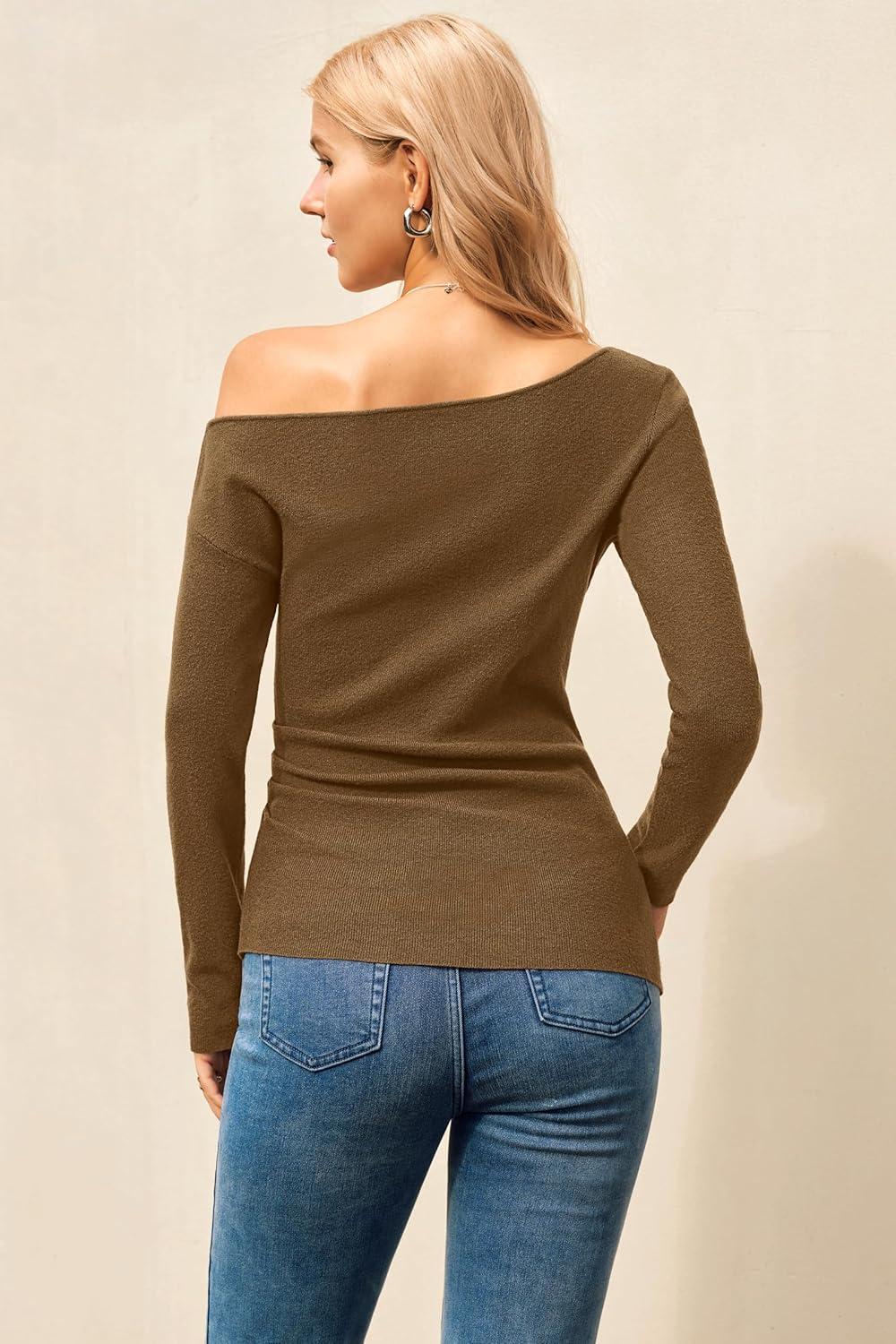 imageArachampCloz Womens Wool Blend Off The Shoulder Sweaters Ruched Slim Fit Date Top 2026Brown