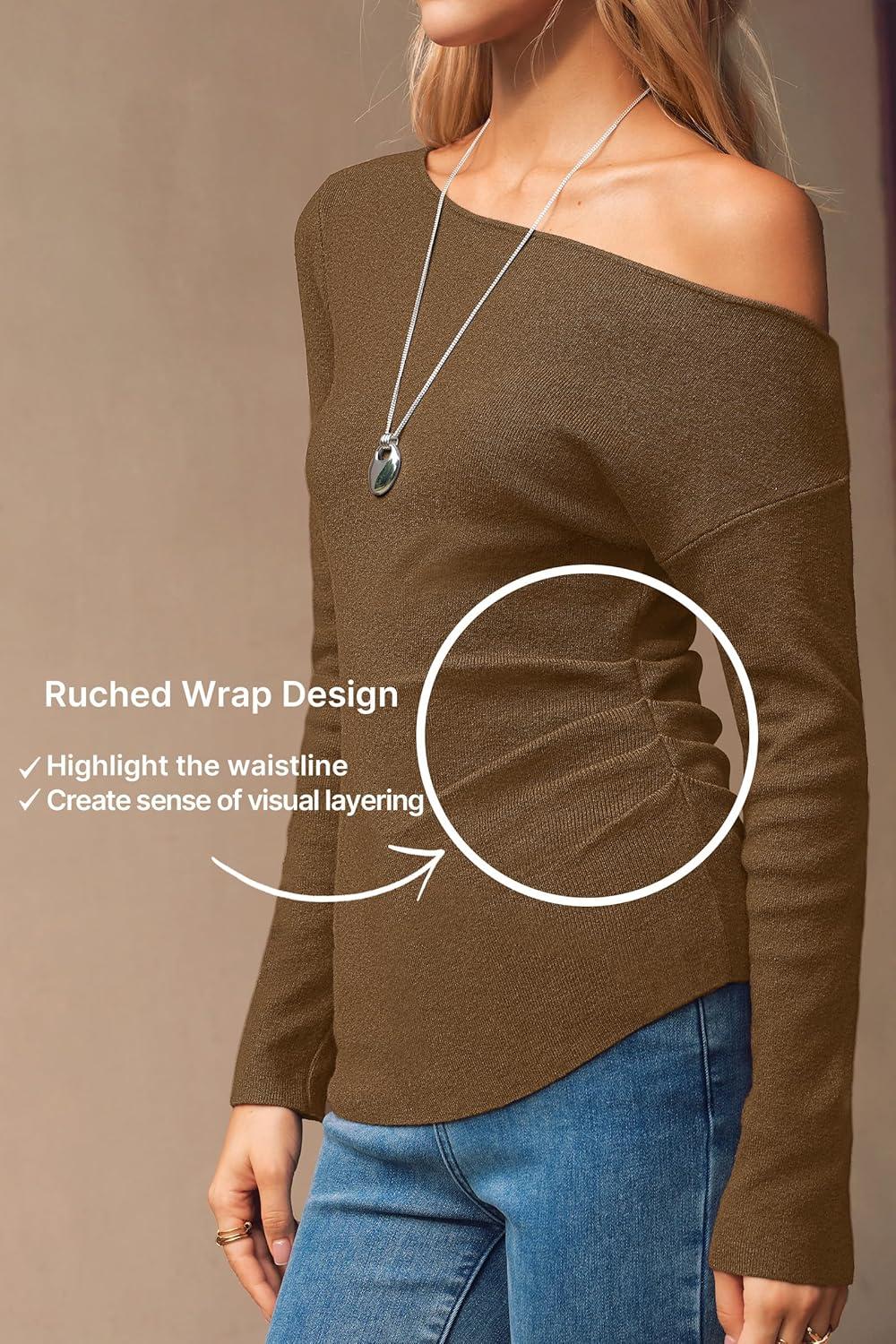 imageArachampCloz Womens Wool Blend Off The Shoulder Sweaters Ruched Slim Fit Date Top 2026Brown