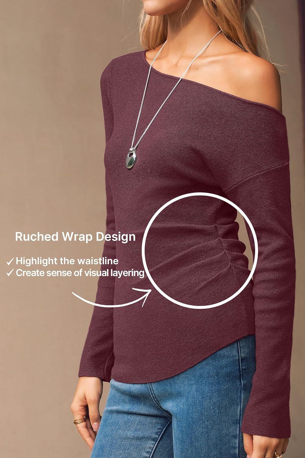 imageArachampCloz Womens Wool Blend Off The Shoulder Sweaters Ruched Slim Fit Date Top 2026Dark Red