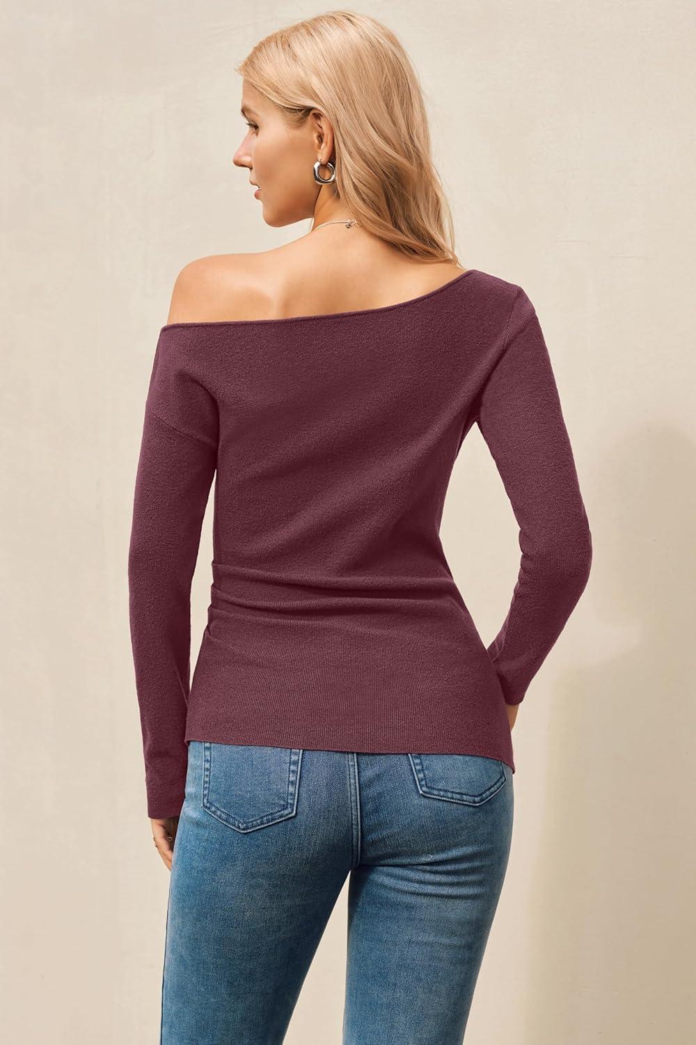 imageArachampCloz Womens Wool Blend Off The Shoulder Sweaters Ruched Slim Fit Date Top 2026Dark Red