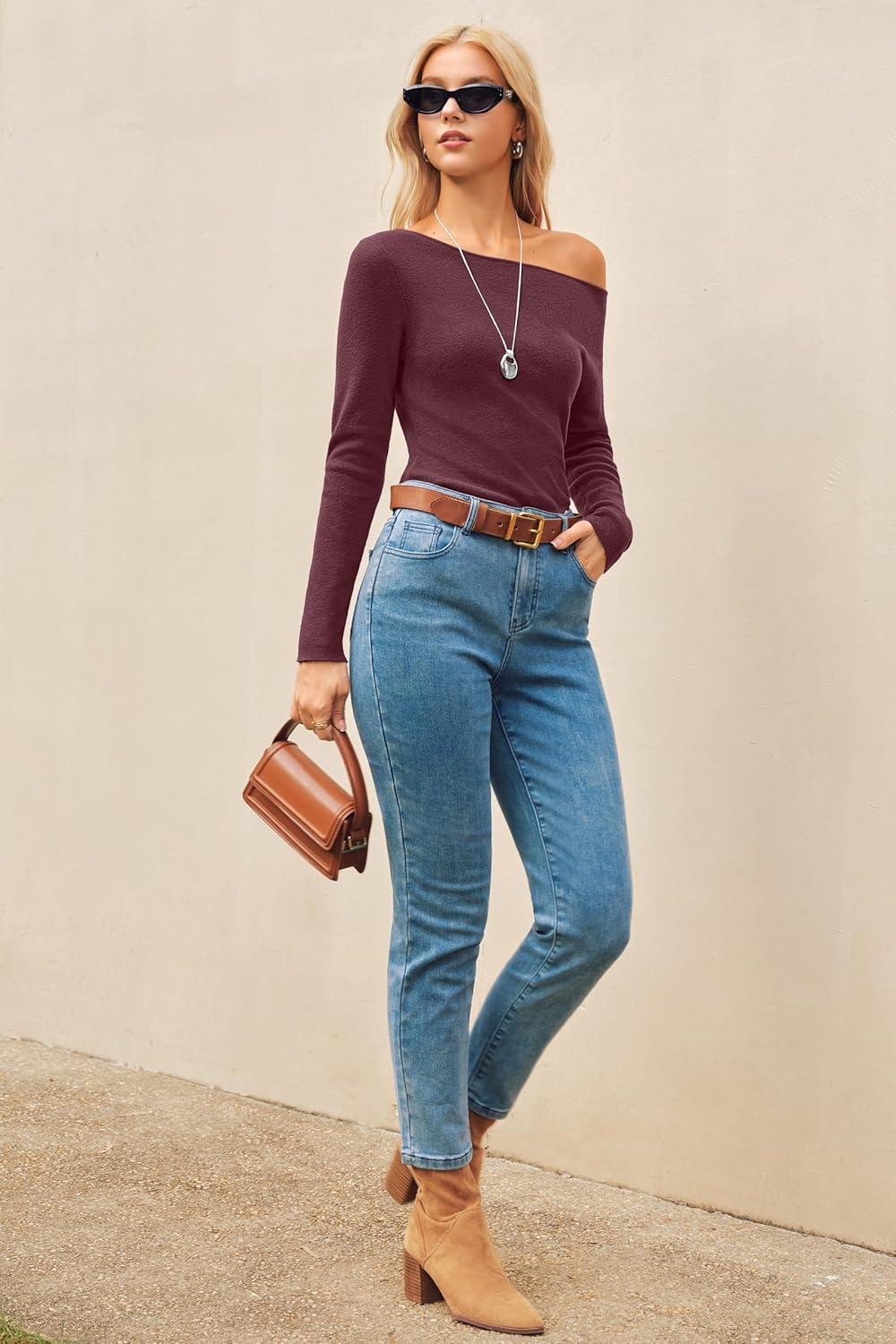 imageArachampCloz Womens Wool Blend Off The Shoulder Sweaters Ruched Slim Fit Date Top 2026Dark Red