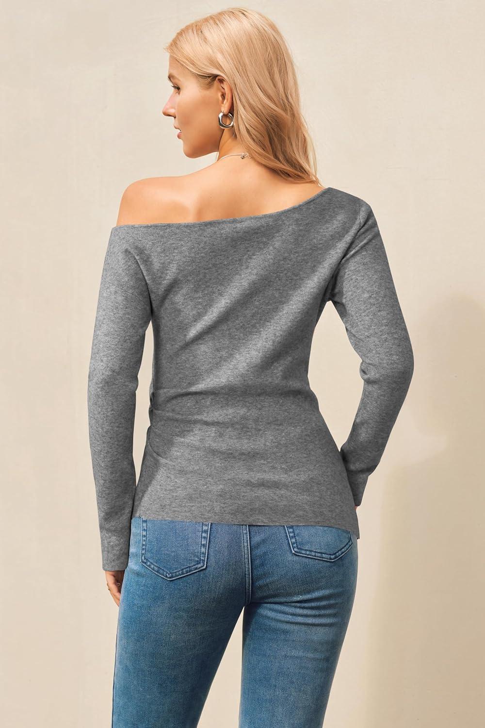 imageArachampCloz Womens Wool Blend Off The Shoulder Sweaters Ruched Slim Fit Date Top 2026Gray
