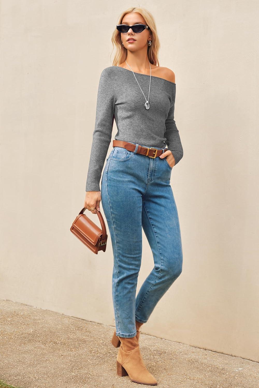 imageArachampCloz Womens Wool Blend Off The Shoulder Sweaters Ruched Slim Fit Date Top 2026Gray