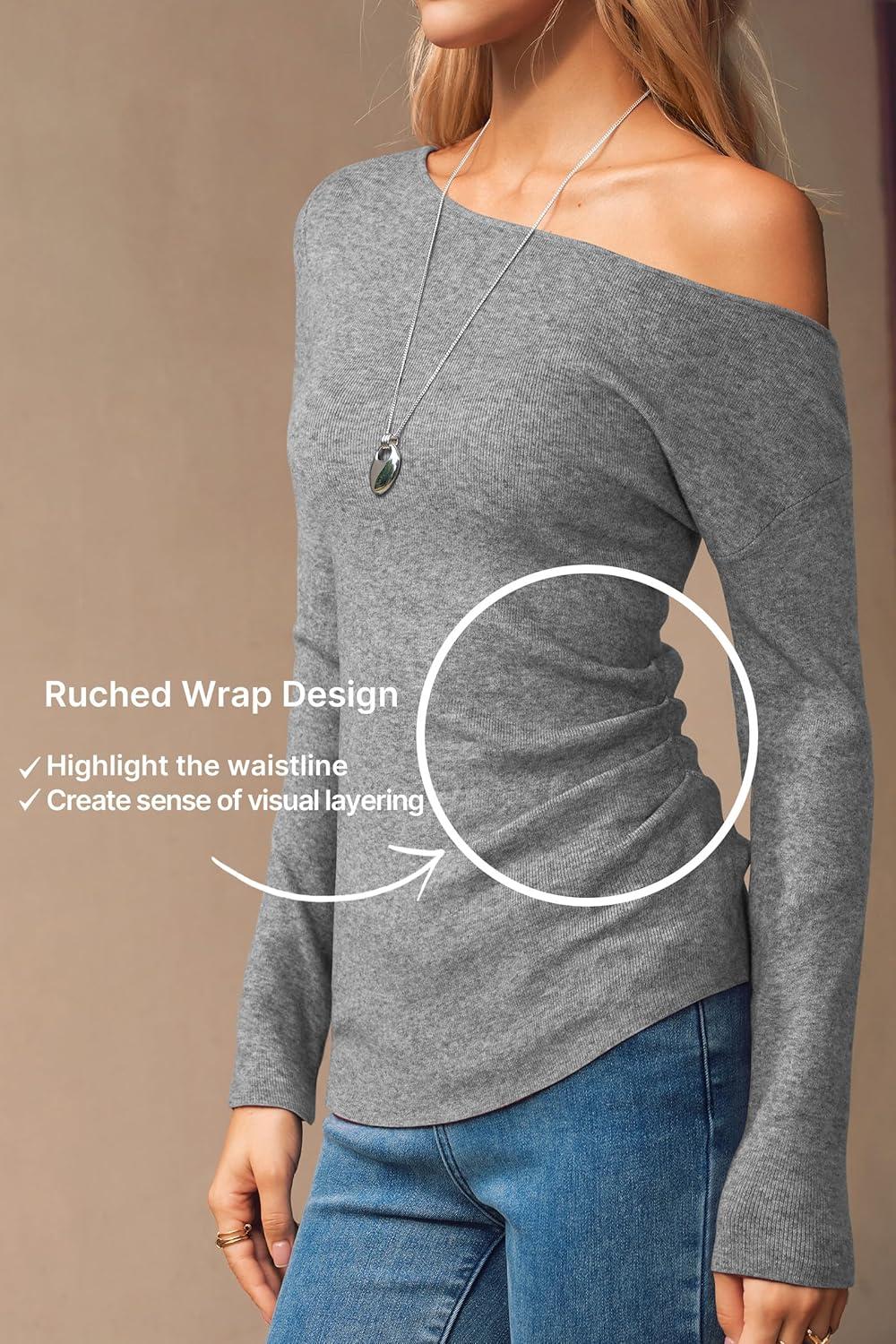 imageArachampCloz Womens Wool Blend Off The Shoulder Sweaters Ruched Slim Fit Date Top 2026Gray
