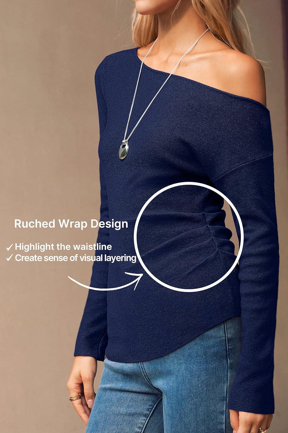 imageArachampCloz Womens Wool Blend Off The Shoulder Sweaters Ruched Slim Fit Date Top 2026Navy