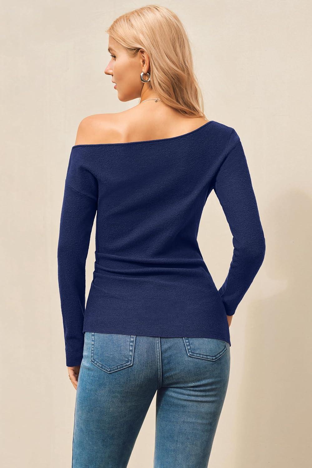 imageArachampCloz Womens Wool Blend Off The Shoulder Sweaters Ruched Slim Fit Date Top 2026Navy