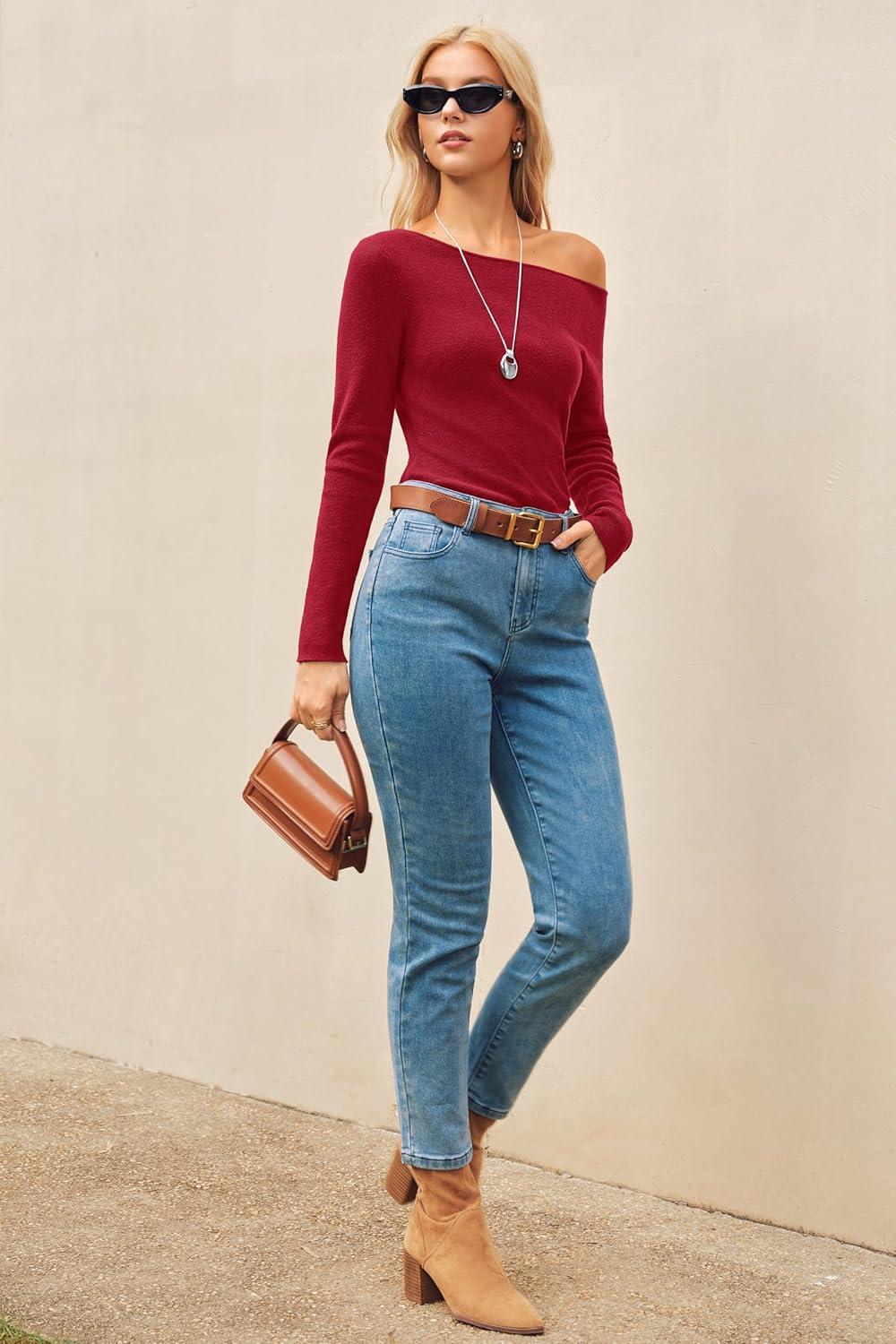 imageArachampCloz Womens Wool Blend Off The Shoulder Sweaters Ruched Slim Fit Date Top 2026Red