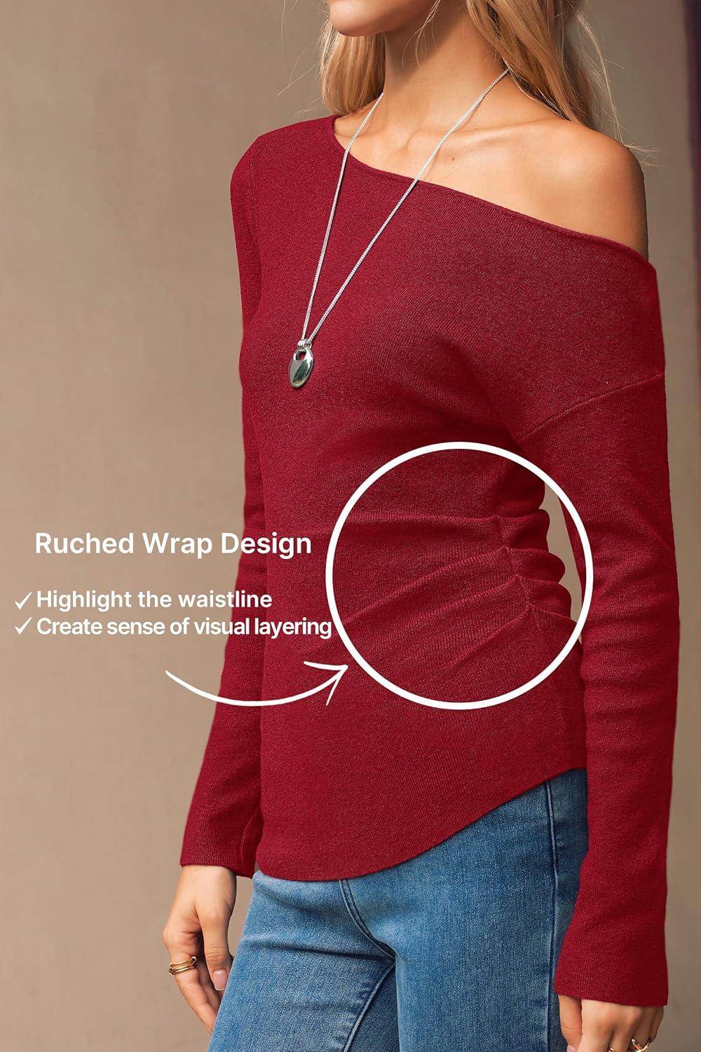 imageArachampCloz Womens Wool Blend Off The Shoulder Sweaters Ruched Slim Fit Date Top 2026Red