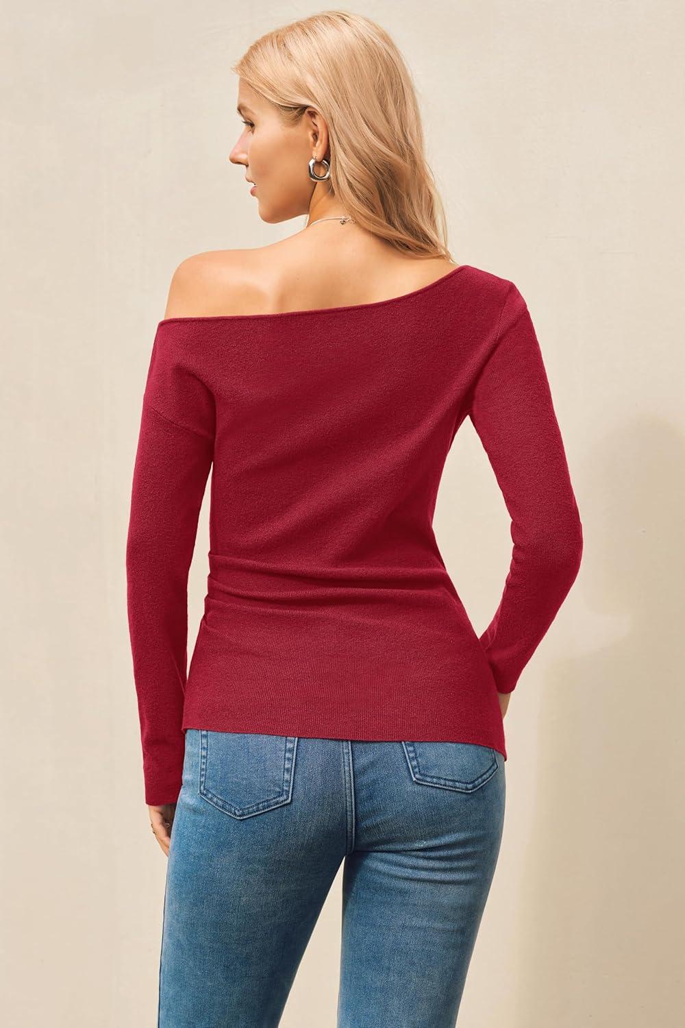 imageArachampCloz Womens Wool Blend Off The Shoulder Sweaters Ruched Slim Fit Date Top 2026Red