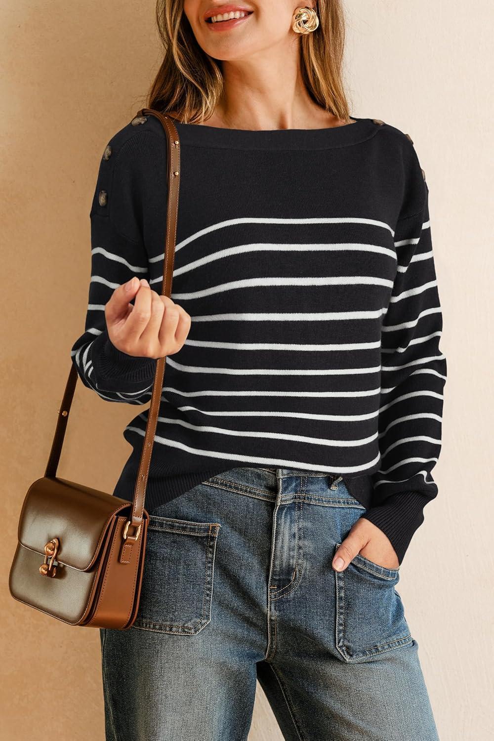 imageArachampCloz Womens Wool Blend Striped Boat Neck Fall Dressy Casual Sweater Tops 2025Black and White