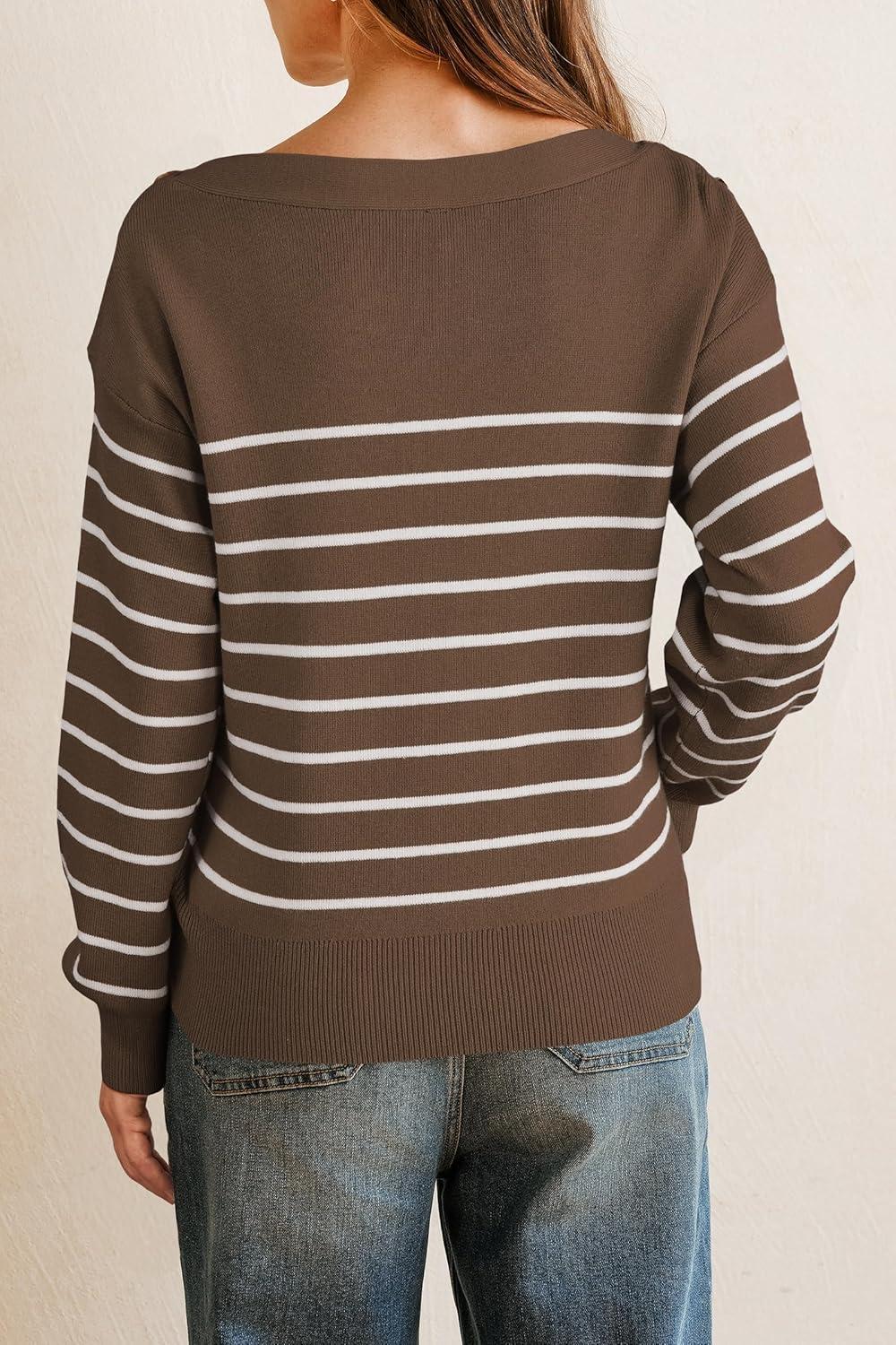 imageArachampCloz Womens Wool Blend Striped Boat Neck Fall Dressy Casual Sweater Tops 2025Coffee and White