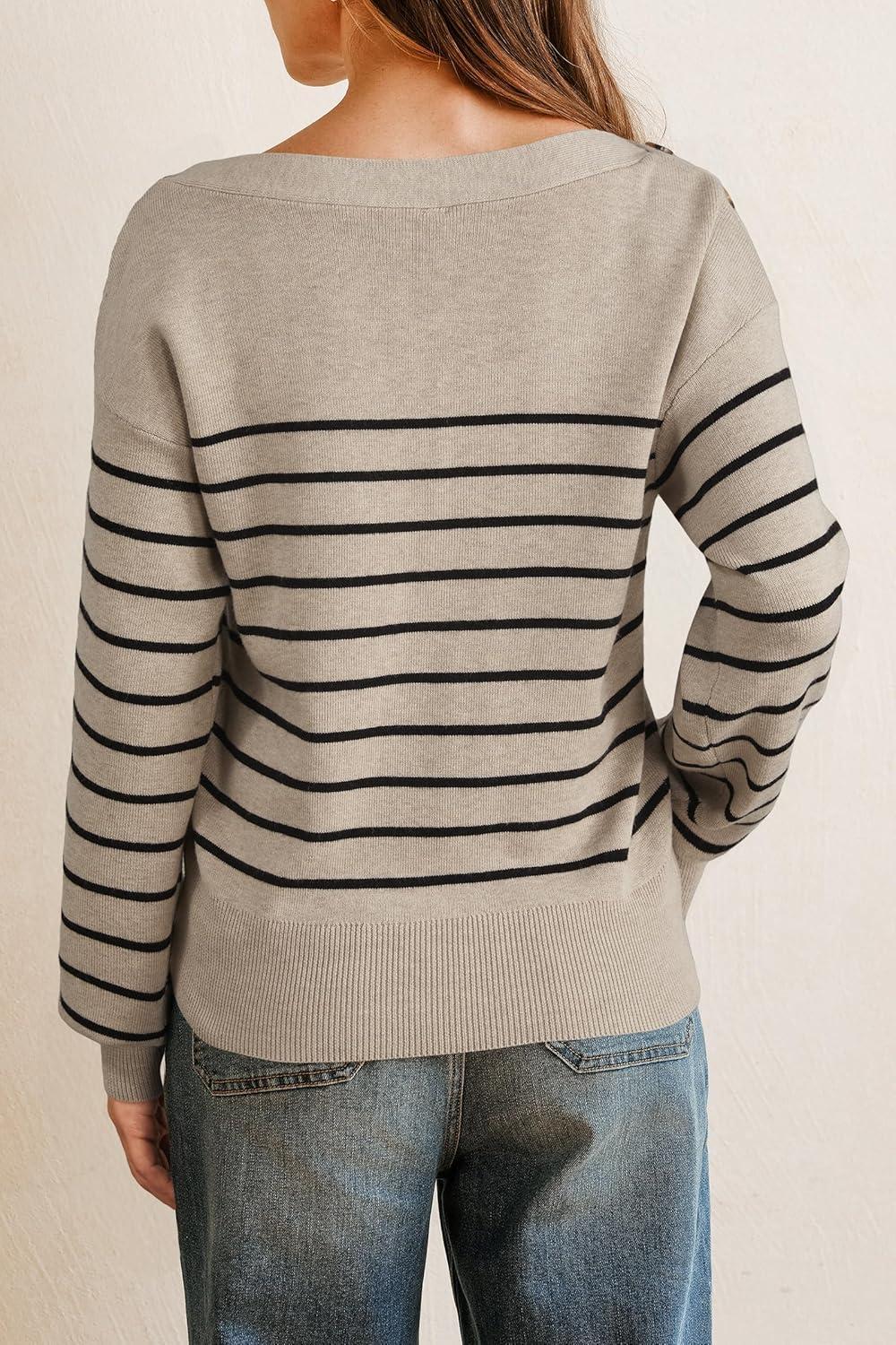 imageArachampCloz Womens Wool Blend Striped Boat Neck Fall Dressy Casual Sweater Tops 2025Khaki and Black