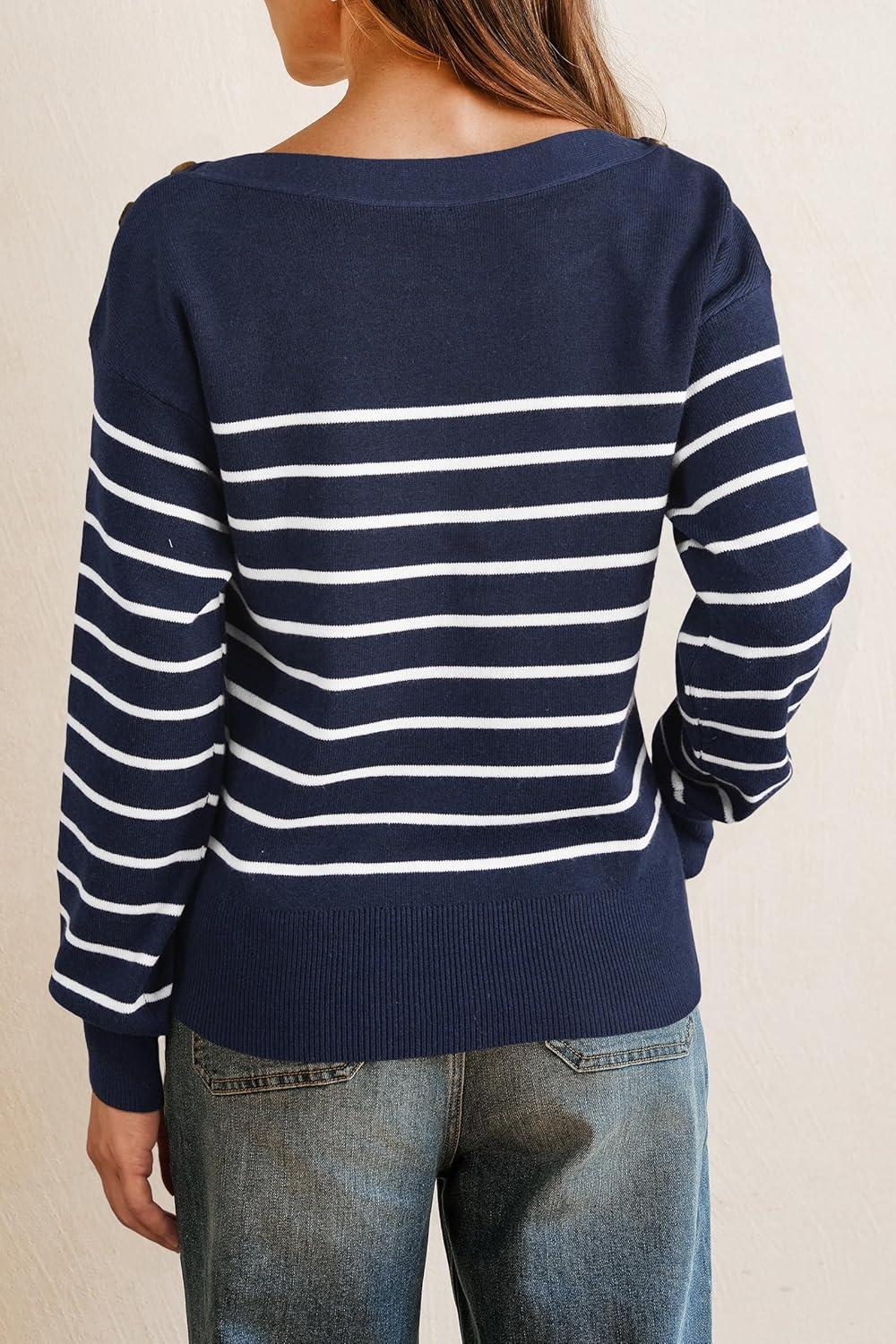 imageArachampCloz Womens Wool Blend Striped Boat Neck Fall Dressy Casual Sweater Tops 2025Navy Blue and White