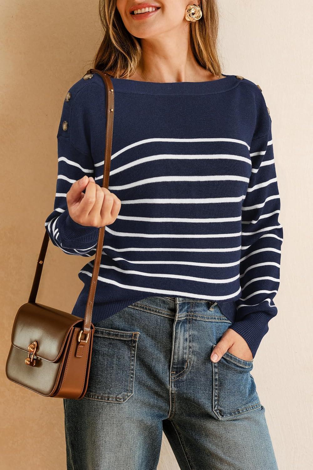imageArachampCloz Womens Wool Blend Striped Boat Neck Fall Dressy Casual Sweater Tops 2025Navy Blue and White