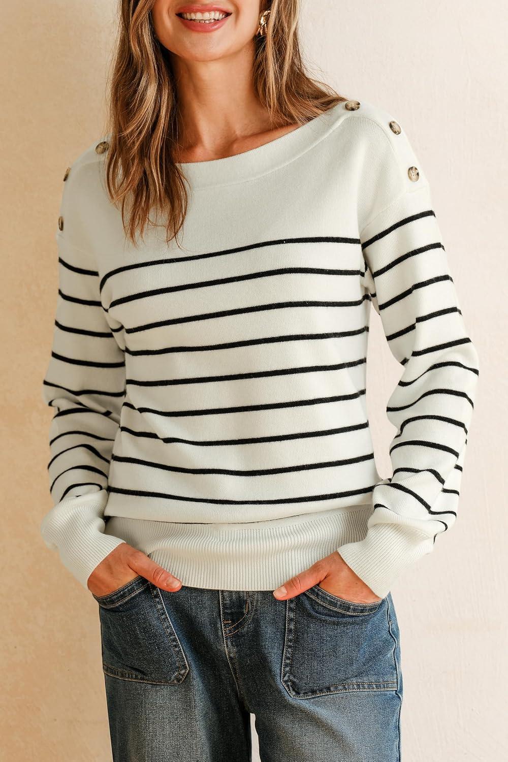 imageArachampCloz Womens Wool Blend Striped Boat Neck Fall Dressy Casual Sweater Tops 2025Off White and Black