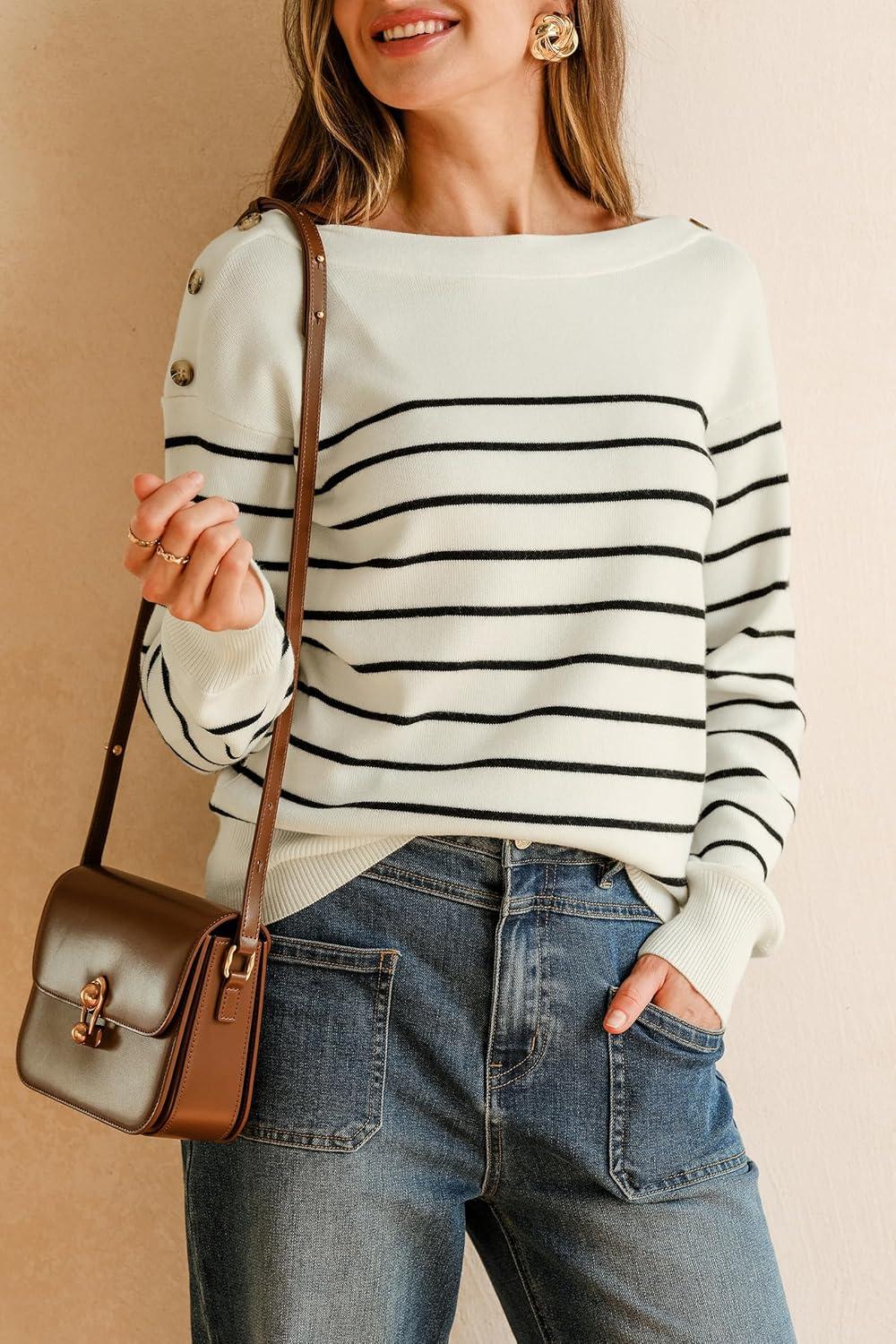 imageArachampCloz Womens Wool Blend Striped Boat Neck Fall Dressy Casual Sweater Tops 2025Off White and Black