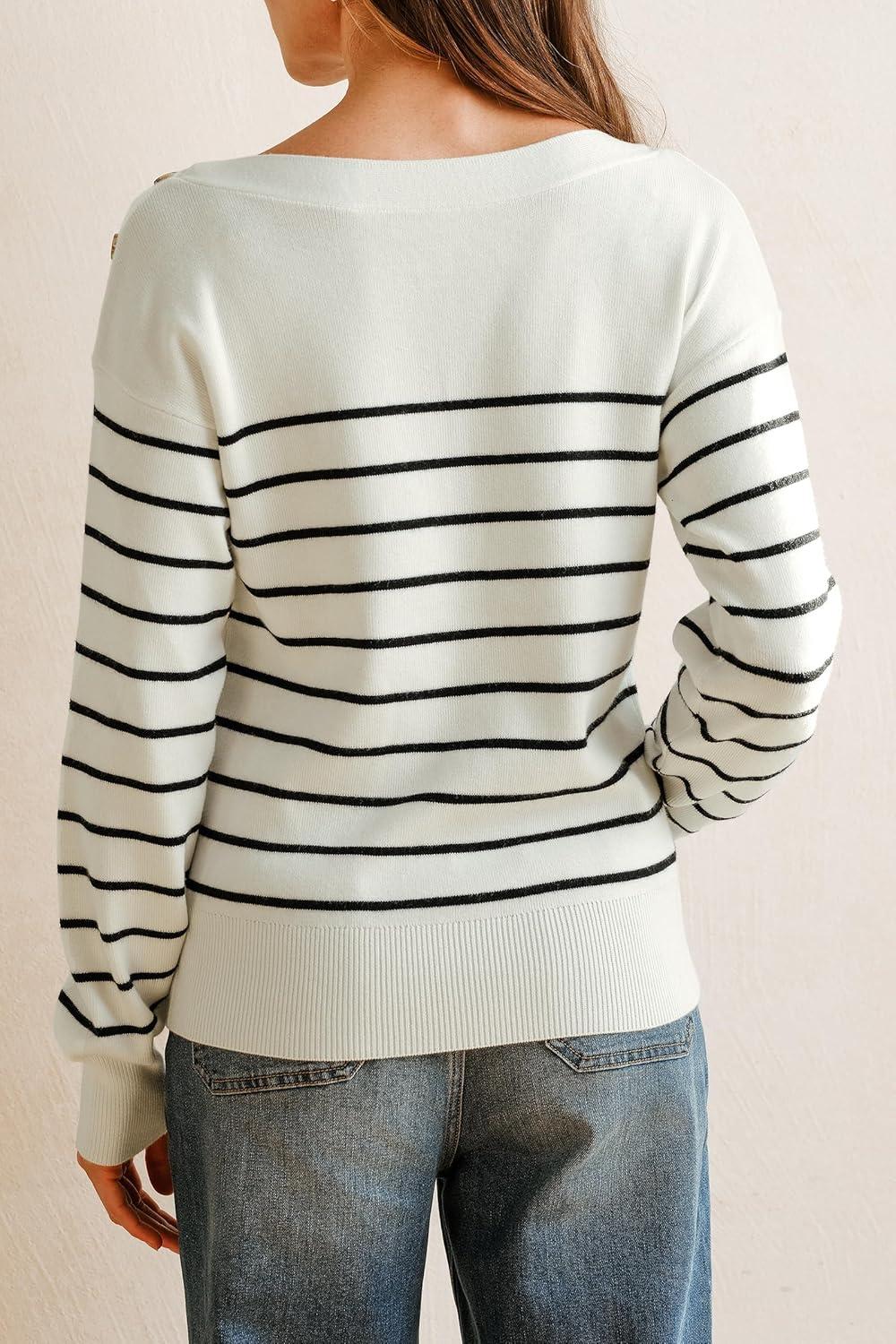 imageArachampCloz Womens Wool Blend Striped Boat Neck Fall Dressy Casual Sweater Tops 2025Off White and Black