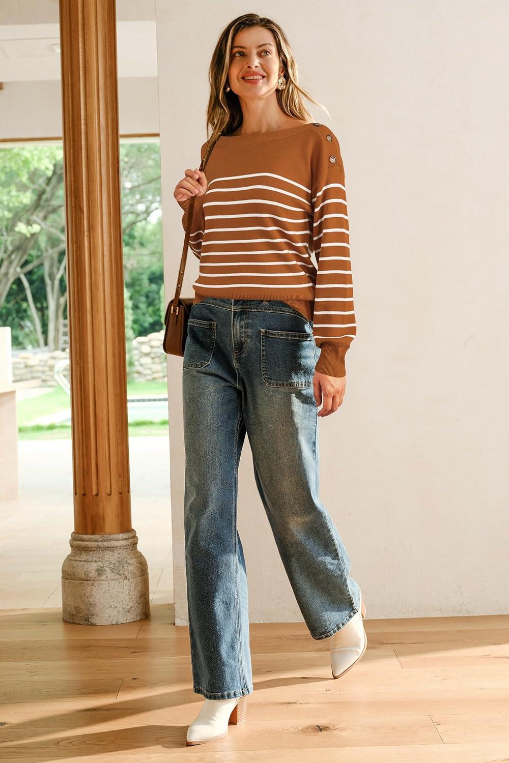 imageArachampCloz Womens Wool Blend Striped Boat Neck Fall Dressy Casual Sweater Tops 2025Orange and White
