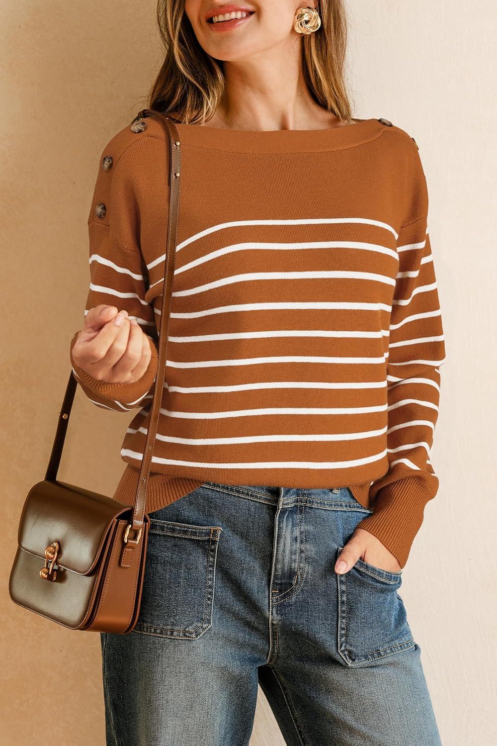 imageArachampCloz Womens Wool Blend Striped Boat Neck Fall Dressy Casual Sweater Tops 2025Orange and White