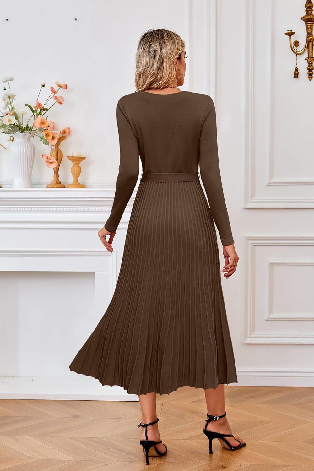 imageArachampCloz Womens Wool Blend Tie Waist Pleated Fall Sweater Dress 2025Dark Camel