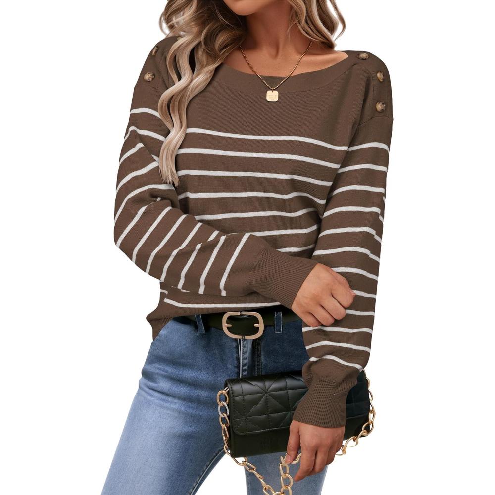 imageArachampCloz Womens Wool Blend Striped Boat Neck Fall Dressy Casual Sweater Tops 2025Coffee and White