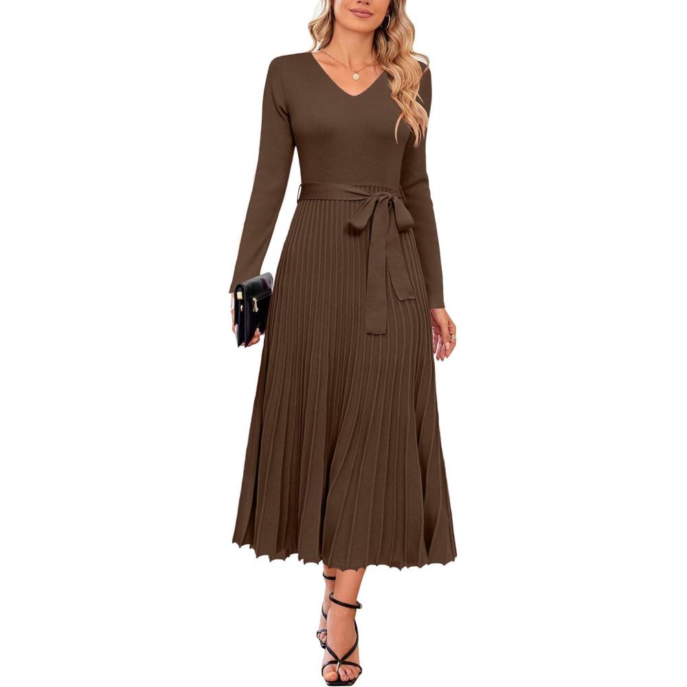 imageArachampCloz Womens Wool Blend Tie Waist Pleated Fall Sweater Dress 2025Dark Camel