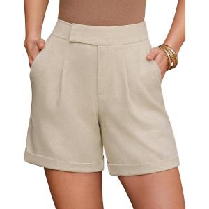 Arach&Cloz Women’s Linen Blend High Waist Business Casual Wide Leg Shorts 2026(Khaki)