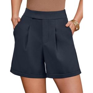 Arach&Cloz Women’s Linen Blend High Waist Business Casual Wide Leg Shorts 2026(Navy)