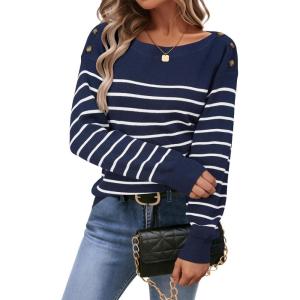 Arach&Cloz Women’s Wool Blend Striped Boat Neck Fall Dressy Casual Sweater Tops 2025(Navy Blue and White)