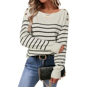 Arach&Cloz Women’s Wool Blend Striped Boat Neck Fall Dressy Casual Sweater Tops 2025(Off White and Black)