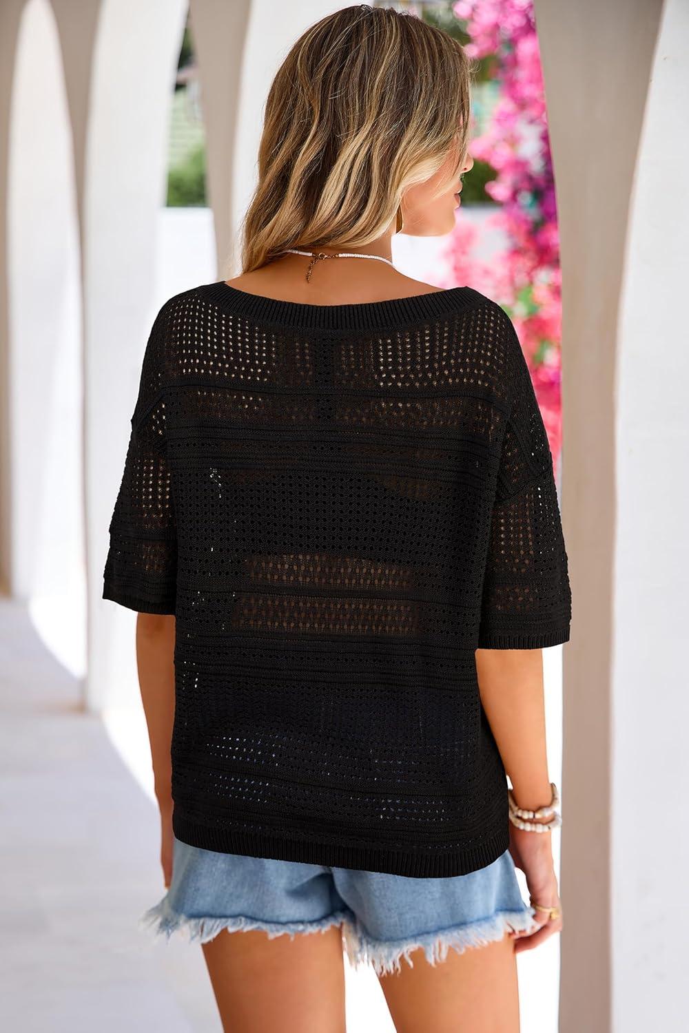 imageArachampCloz Womens Linen Blend Off Shoulder Summer Cover Up Beach Casual Crochet Tops Hollow Out Vacation Outfits 2026Black