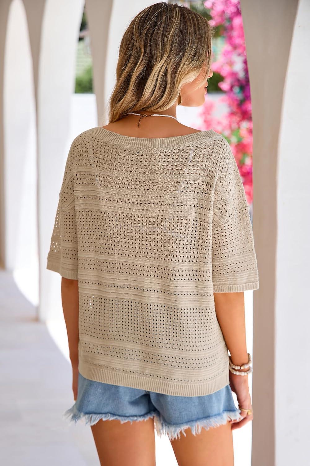 imageArachampCloz Womens Linen Blend Off Shoulder Summer Cover Up Beach Casual Crochet Tops Hollow Out Vacation Outfits 2026Khaki