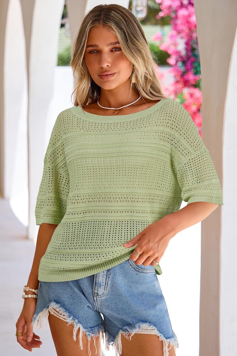 imageArachampCloz Womens Linen Blend Off Shoulder Summer Cover Up Beach Casual Crochet Tops Hollow Out Vacation Outfits 2026Light Green