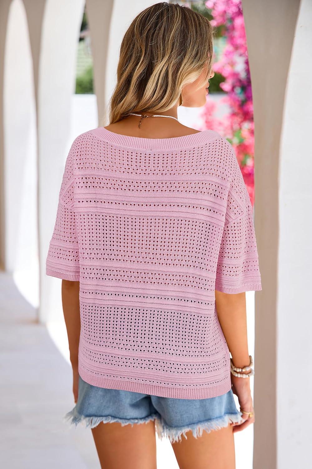 imageArachampCloz Womens Linen Blend Off Shoulder Summer Cover Up Beach Casual Crochet Tops Hollow Out Vacation Outfits 2026Pink