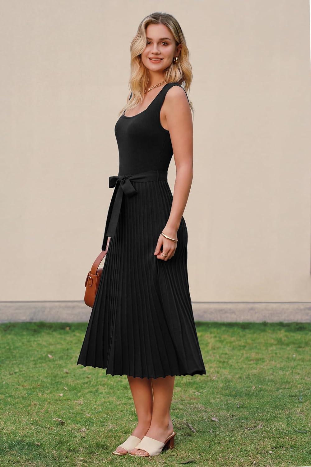 imageArachampCloz Womens Wool Blend Square Neck Tie Waist Pleated Summer Sweater Dress 2026Black