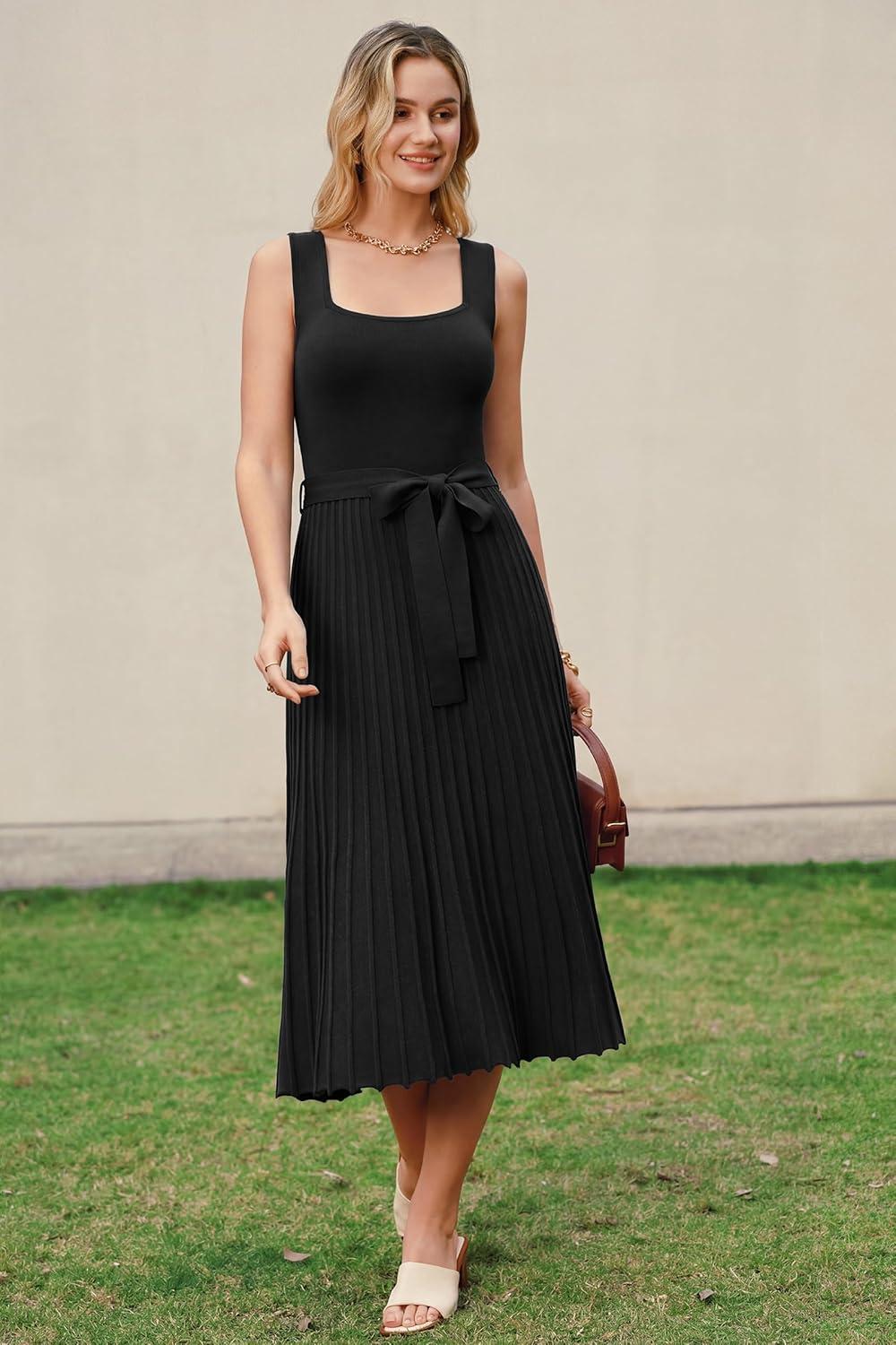 imageArachampCloz Womens Wool Blend Square Neck Tie Waist Pleated Summer Sweater Dress 2026Black