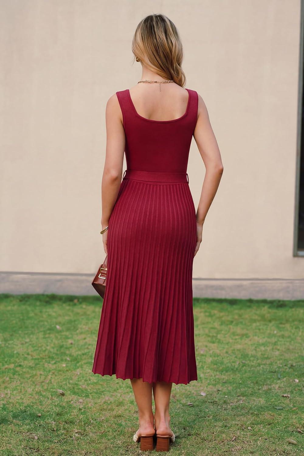 imageArachampCloz Womens Wool Blend Square Neck Tie Waist Pleated Summer Sweater Dress 2026Burgundy