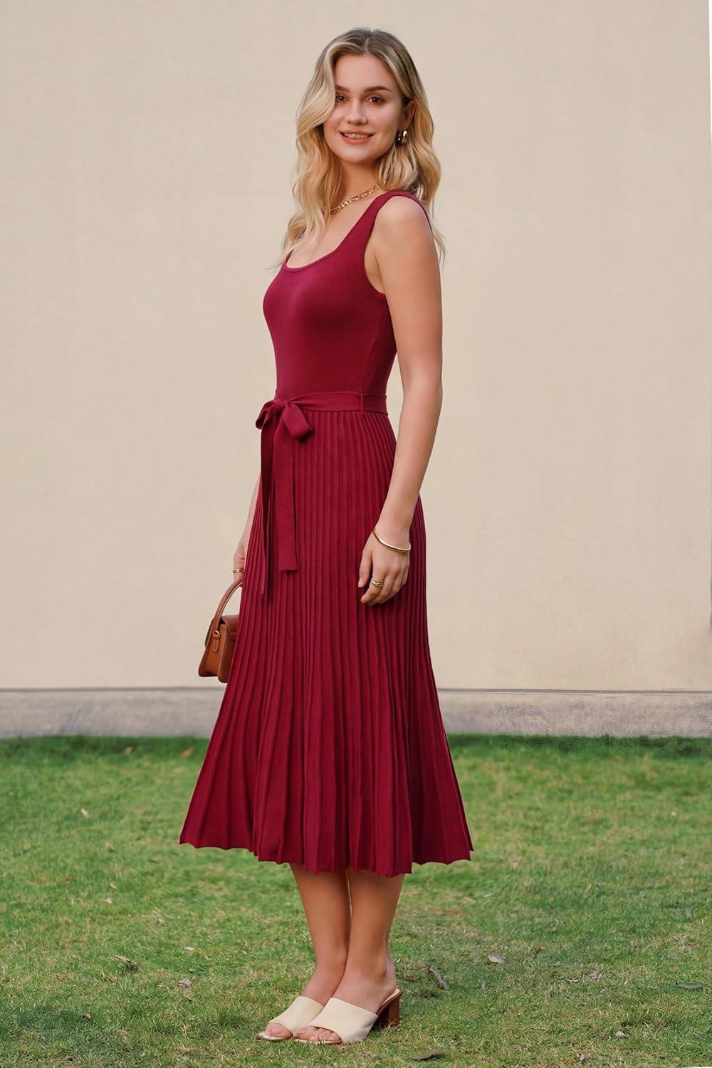 imageArachampCloz Womens Wool Blend Square Neck Tie Waist Pleated Summer Sweater Dress 2026Burgundy