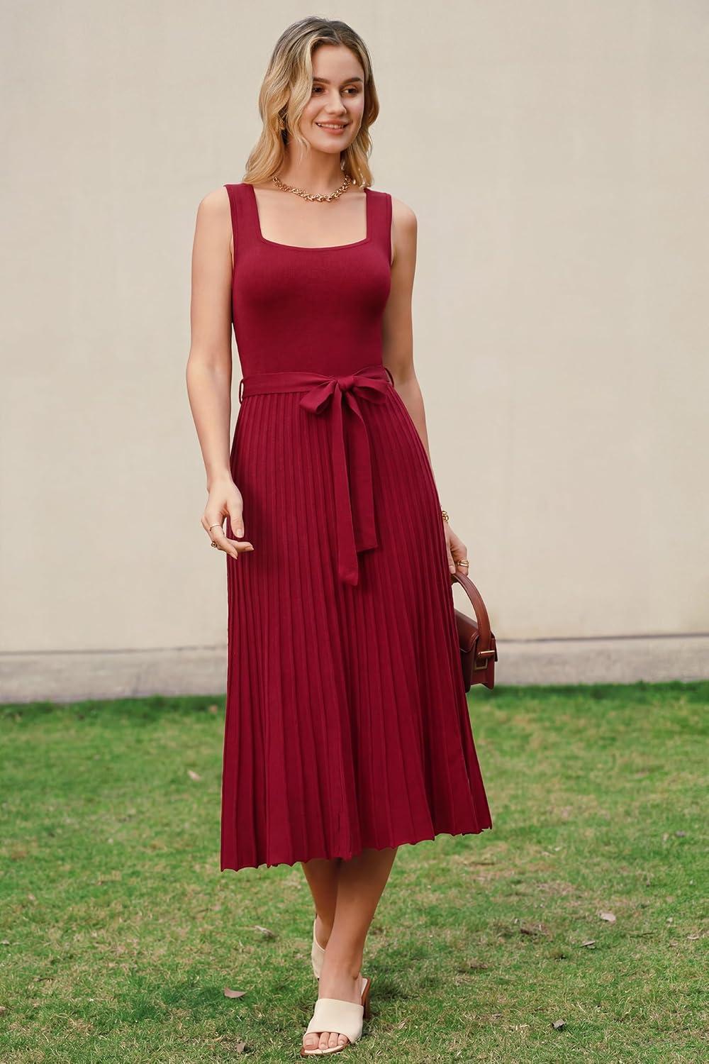 imageArachampCloz Womens Wool Blend Square Neck Tie Waist Pleated Summer Sweater Dress 2026Burgundy