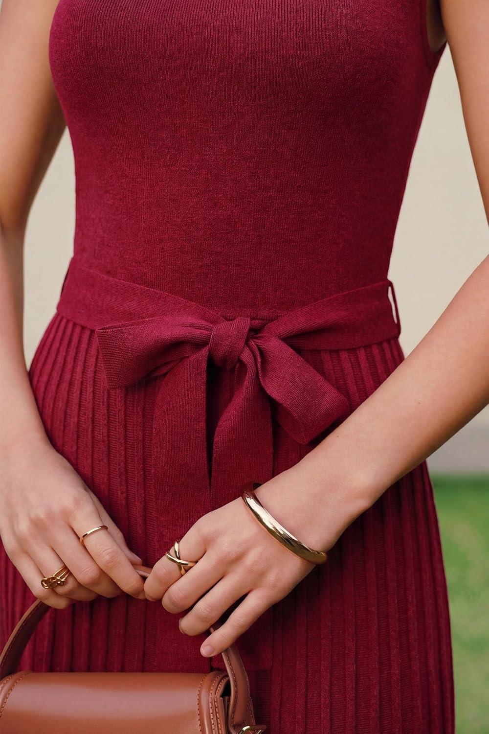 imageArachampCloz Womens Wool Blend Square Neck Tie Waist Pleated Summer Sweater Dress 2026Burgundy