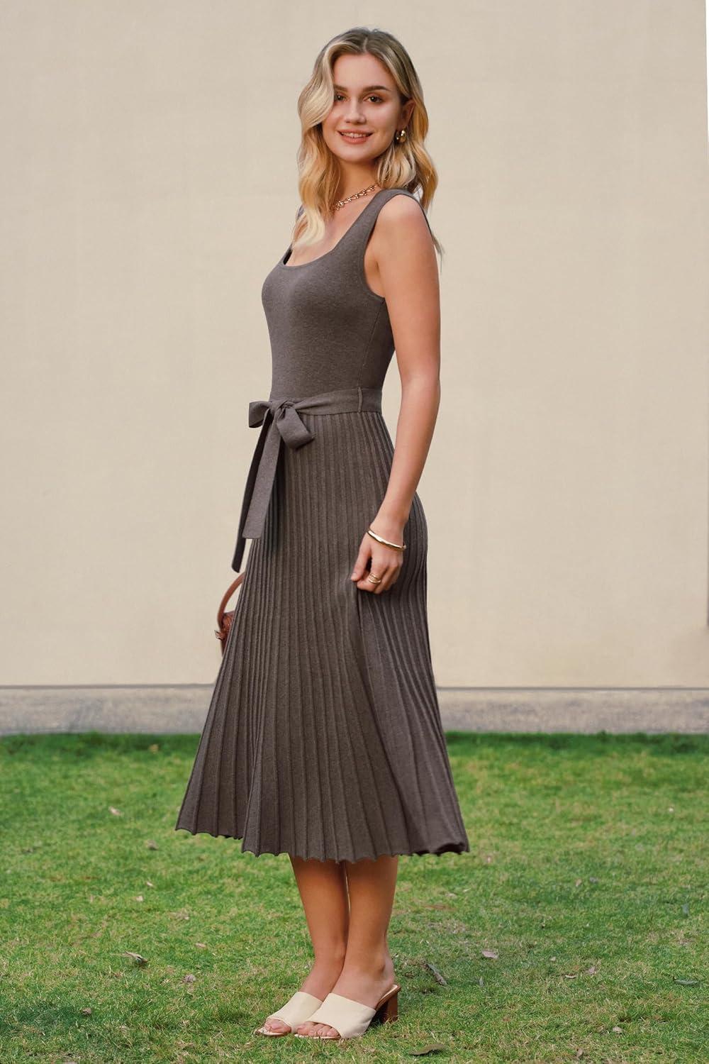 imageArachampCloz Womens Wool Blend Square Neck Tie Waist Pleated Summer Sweater Dress 2026Coffee