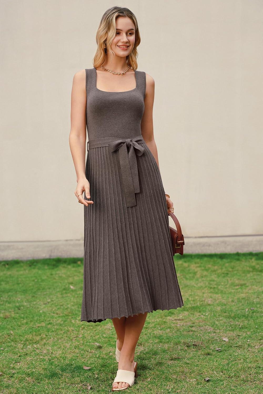 imageArachampCloz Womens Wool Blend Square Neck Tie Waist Pleated Summer Sweater Dress 2026Coffee