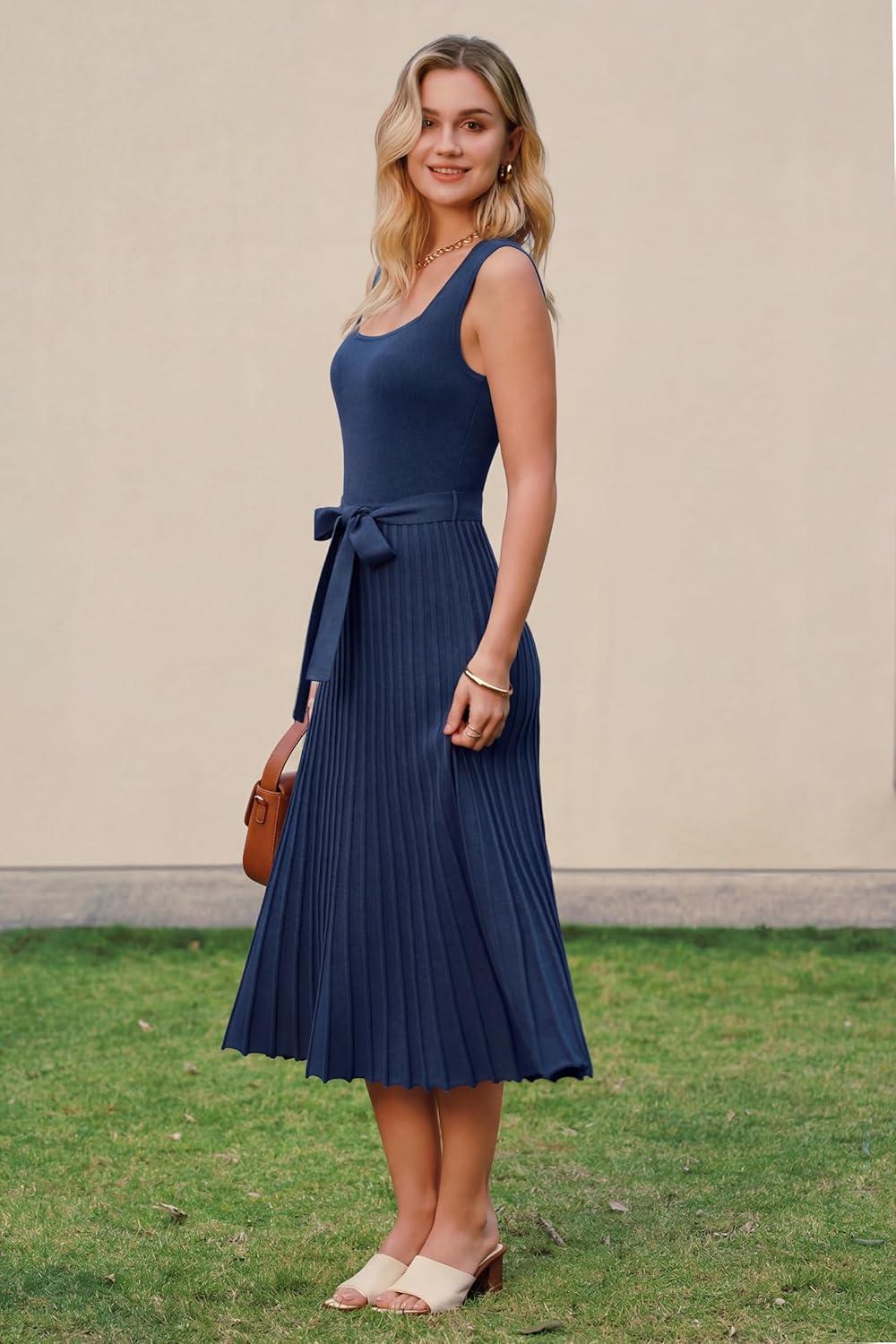 imageArachampCloz Womens Wool Blend Square Neck Tie Waist Pleated Summer Sweater Dress 2026Navy